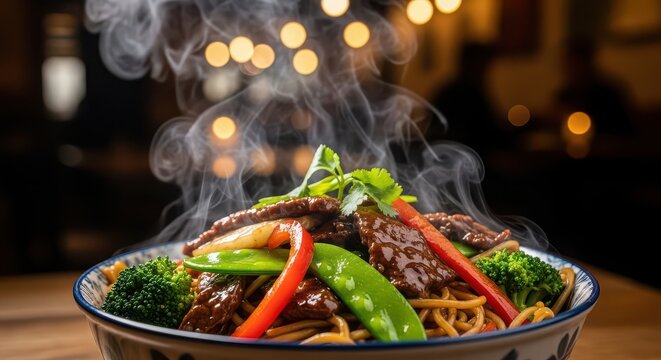 Steaming Bowl of Asian Noodles with Beef and Vegetables in Restaurant asian food stir fry