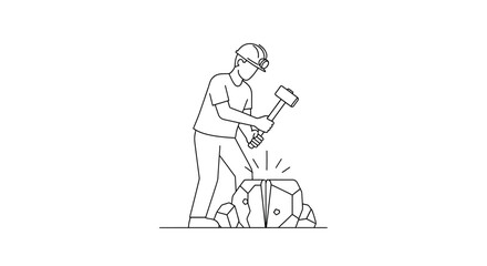 Naklejka premium Miner Breaking Rock with Hammer, Mining Industry Concept