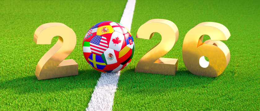 Soccer ball on green grass and the golden Year 2026 - 3D illustration