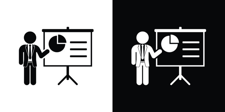 Financial analyst icon featuring a businessman pointing to a pie chart on a presentation screen. Perfect for marketing strategy, corporate report, and data analysis.