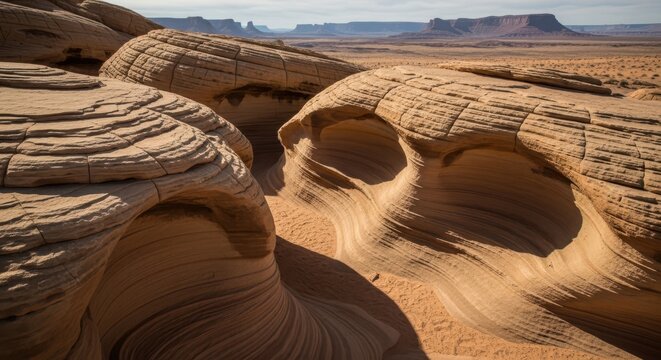 Sculpted sandstone formations in a vast desert landscape showcasing natural erosion patterns and geological history.
