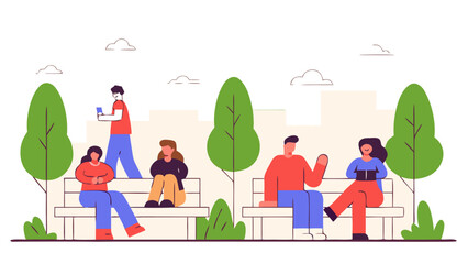 Fototapeta premium People Sitting on Benches Line Art Collection for Urban Design