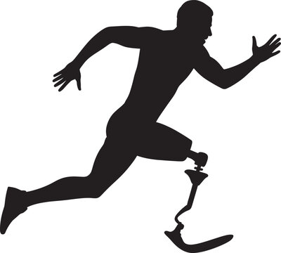 Silhouette of man running with carbon fiber blade prosthetic leg representing paralympic athletics