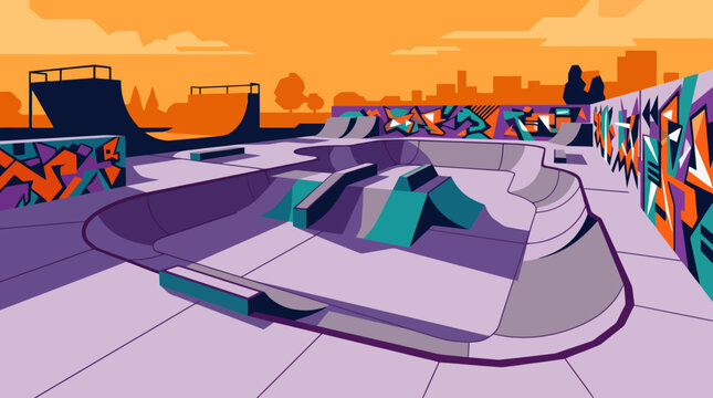 Empty Skatepark at Golden Hour Flat 90s Vector Art