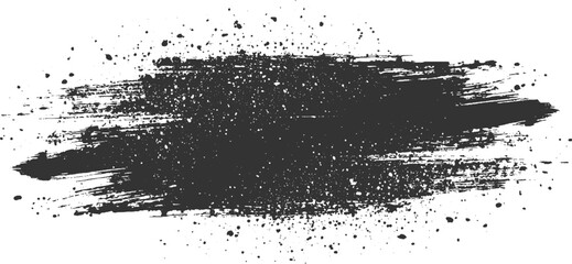 Fototapeta premium Dark gray textured brush stroke with scattered ink splatters on white background
