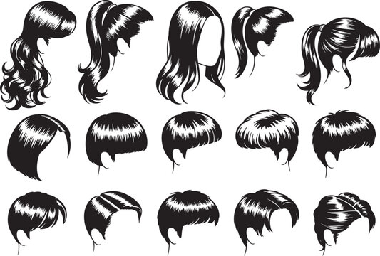 Female hairstyle wig set with various cuts including long wavy layers and short bob hair silhouettes