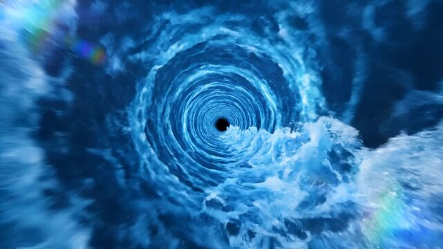 Abstract blue vortex tunnel with swirling water and light effects.