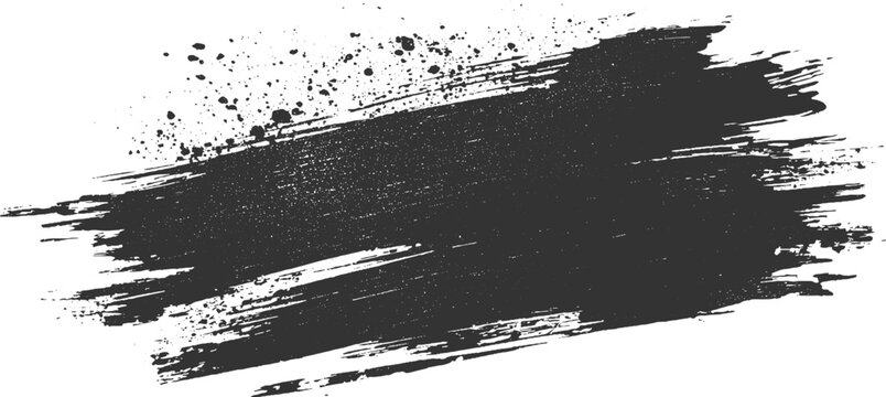 Dark grey abstract brush stroke with splatter texture on white background black brushstroke