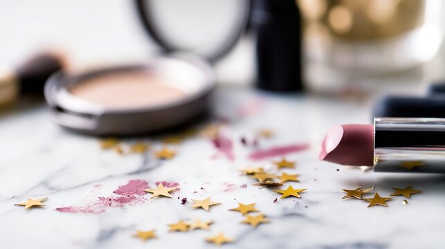 Broken mirror with gold stars and lipstick marks on marble, soft cinematic light, imperfect luxury still life narrative