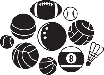 Fototapeta premium Collection of sports equipment silhouettes including balls bats and rackets on transparent background