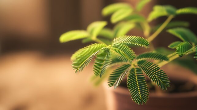 Mimosa pudica leaf closing reaction triggered by touch, soft natural light, botanical art rendering, delicate veins and hairs
