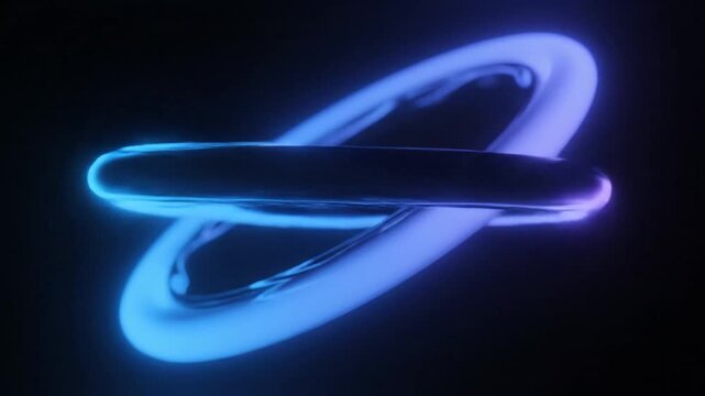 Abstract blue and purple glowing 3D torus knot loop on black background