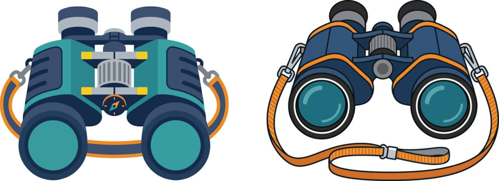 Cartoon binoculars with orange straps and blue lenses