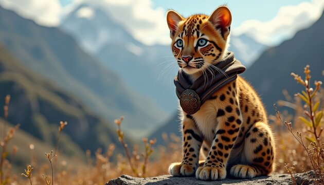 Small ocelot kitten wearing ornate collar sitting on rock. Wild predator cat in mountain landscape. Fantasy creature portrait in nature. Adventurer pet aesthetic, realistic animal art.
