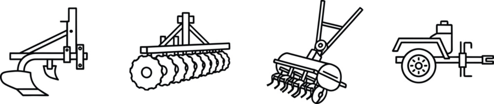 Four black line of agricultural tools, including a plow, cultivator, rototiller, and seeder farming equipment