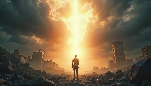 Man standing in destroyed city after catastrophe. Ruins and rubble landscape with bright light breaking through clouds. Hope and survival concept. Apocalyptic urban scenery view.