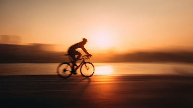 Cyclist riding at sunset with motion blur on waterfront road