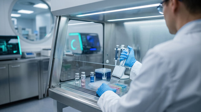 Scientist working inside laminar flow cabinet with multichannel pipette, professional researcher conducting biotechnology experiment in sterile laboratory.