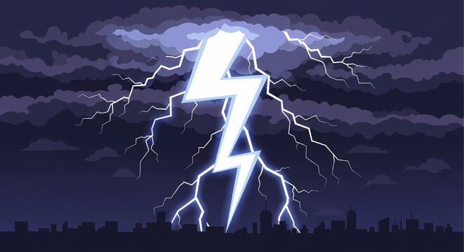 Stormy city skyline with powerful lightning strike