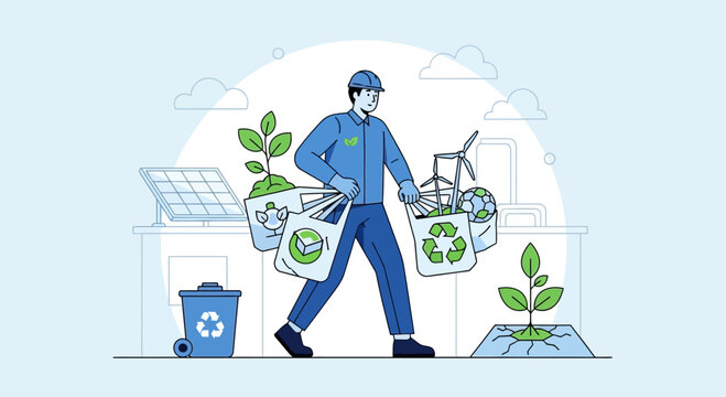 Man carrying eco-friendly shopping bags with recycling symbols, plants, globe, & windmill