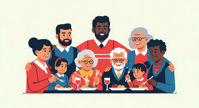 Diverse multi-generational family eating dinner together
