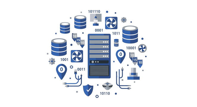 Data Center and Cloud Computing Concept Vector Illustration with Server Rack, Databases, and Network Infrastructure
