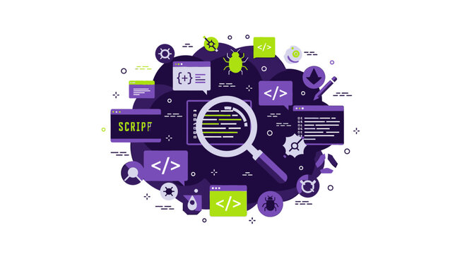 Software Development and Code Debugging Concept Illustration, Web Programming and Application Script Analysis Flat Vector Icon Set on White Background