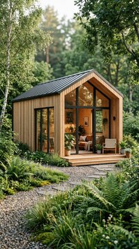 Compact modern wooden tiny house with floor-to-ceiling glass facade nestled in a lush green forest garden with ferns and birch trees, sustainable biophilic architecture and eco living concept