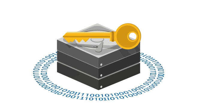 Data Security Concept with Golden Key on Hard Drive and Binary Code, Isometric Cybersecurity Illustration for Information Protection and Encryption