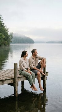 Caucasian man and woman in their late 30s wearing relaxed linen clothing sitting barefoot on a wooden dock over a calm misty lake with forested hills in the background, serene wellness lifestyle
