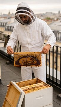 Young Middle Eastern man in a white beekeeper suit and veil lifting a wooden honeycomb frame from a hive on a rooftop terrace with a misty city skyline in the background, urban beekeeping concept