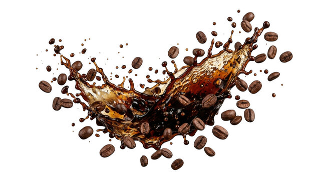 Dynamic splash of dark liquid coffee with roasted coffee beans flying in the air against a solid black background
