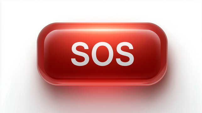 glossy red sos emergency button with rounded rectangle shape on clean white background minimal ui element for alert help and emergency interface design
