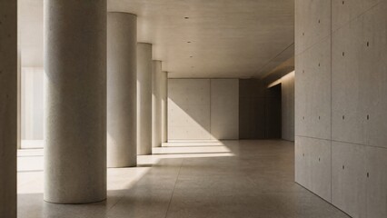 Naklejka premium diffusion. Minimalist architectural space with concrete columns and soft light diffusion, emphasizing clean lines. real-estate listings.