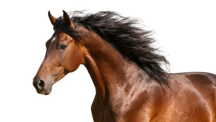 Fototapeta premium Brown horse with flowing black mane on white