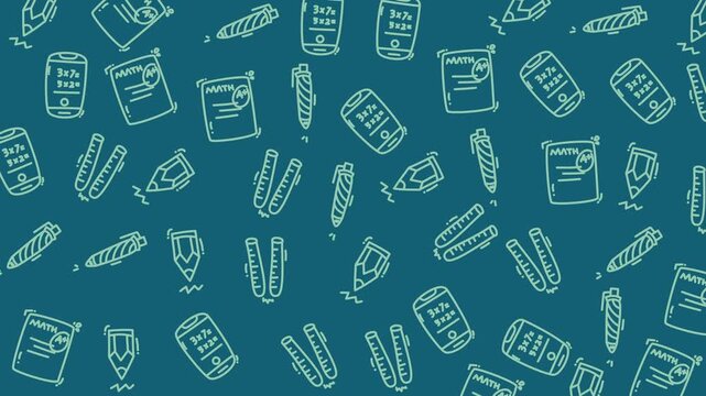 Hand-drawn school items scatter across a teal background. Pens, rulers, notebooks, and pencils form a playful pattern. Bright, whimsical lines suggest a cheerful learning environment