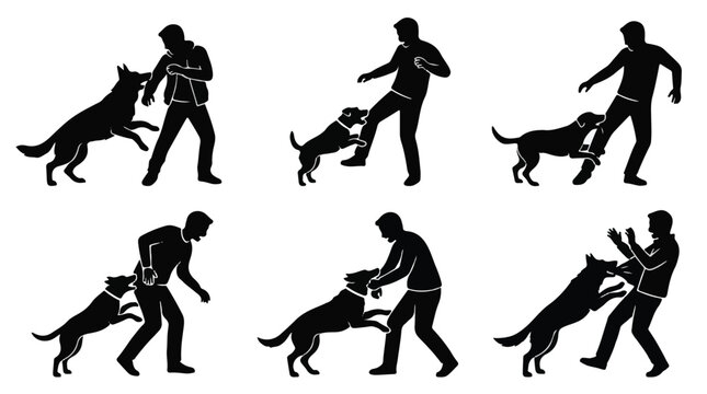 Silhouette illustrations of dog attacks on people in various aggressive poses