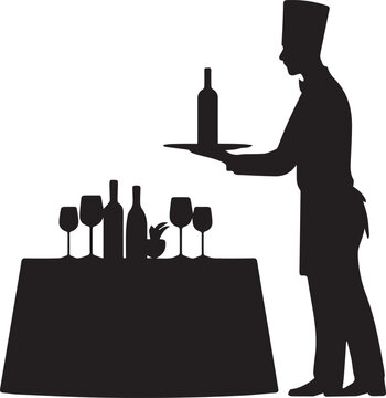 Professional chef silhouette holding wine bottle on tray, standing next to lavish table with drinks and food.