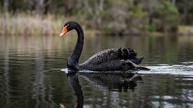 A majestic black swan swims effortlessly through calm, reflective wetlands under soft natural lighting.