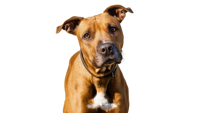 Brown pit bull dog with white chest marking and collar