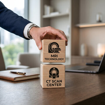 Hand placing wooden blocks with MRI technology and CT scan center logos on desk transparent background