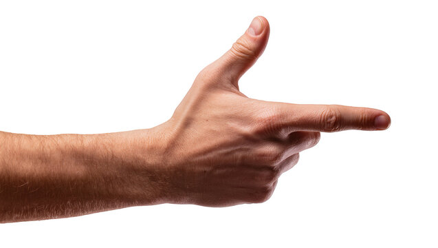 Male hand pointing finger gun gesture, right arm visible