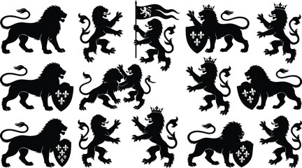 Naklejka premium Medieval Heraldic Lion Silhouette Icon Set with Royal Crest Shield Flag and Crown Elements for Vintage Luxury Emblem and Empire Branding Vector Design