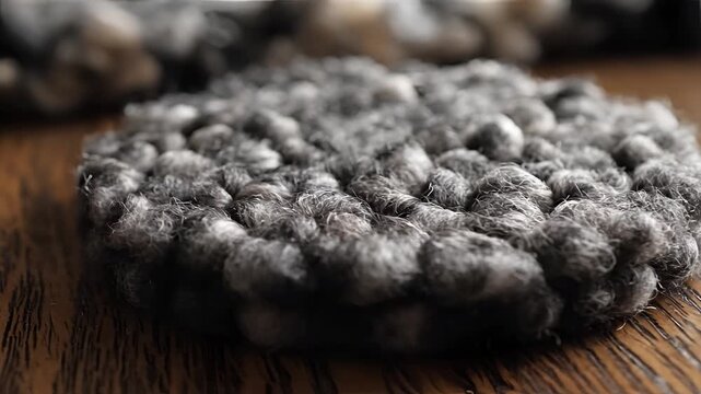 Closeup of a textured circular dark gray object on a wooden surface.