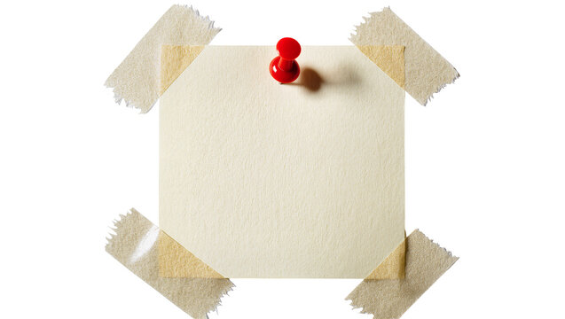 Cream colored paper note with red pushpin and tape