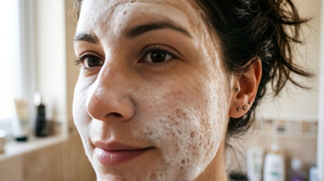 Woman with foamy facial cleanser, skincare, beauty routine