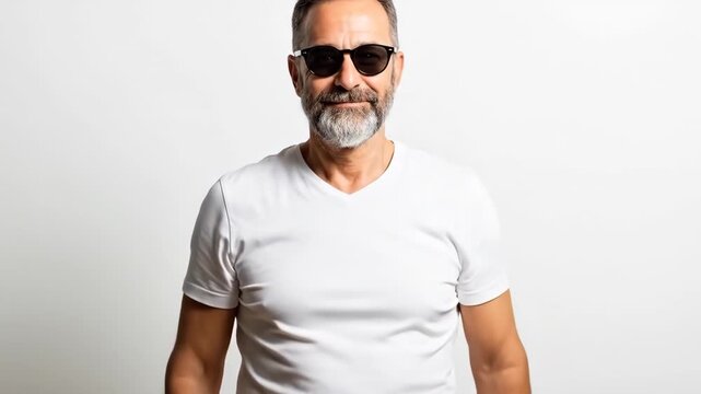 Man making heart shape with hands wearing sunglasses and white shirt