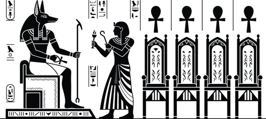 Ancient Egyptian Fresco Vector Illustration with Pharaoh Anubis God Hieroglyphs Throne and Ankh Symbols for History Education Culture and Spiritual Design Elements © kanichfatima