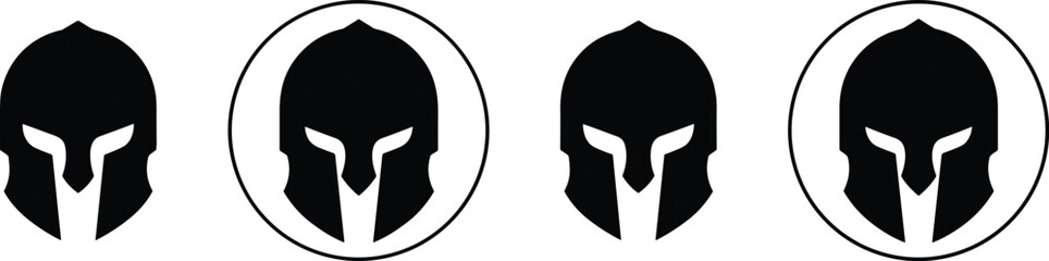 Spartan Warrior Helmet Icon Set with Ancient Greek Gladiator Mask Silhouette and Circular Border Elements for Sports Mascot Gaming Branding Vector Design © kanichfatima