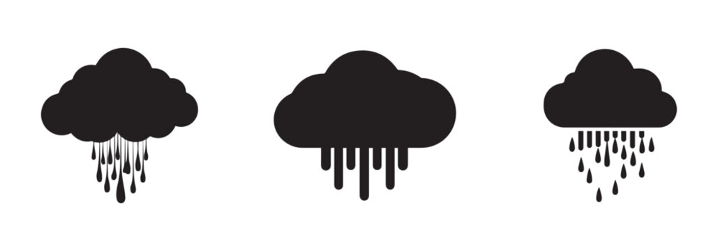 Three black cloud icons with different types of rain